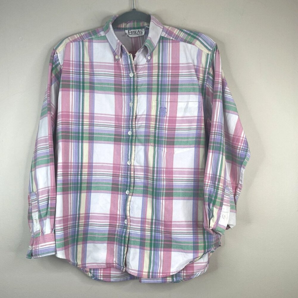 Vintage Erika Camp Shirt Top Womens Medium‎ Plaid Preppy Outdoor Button Down
